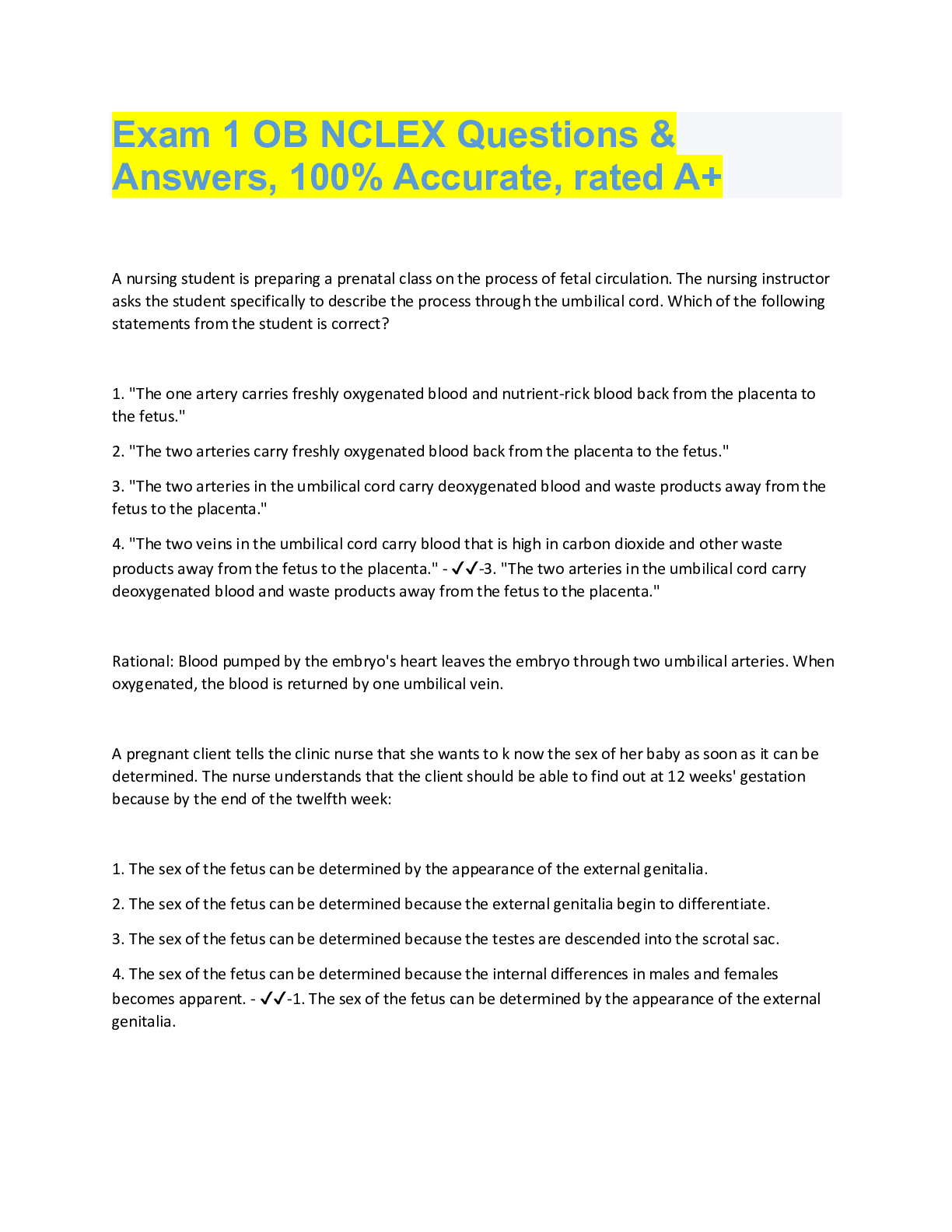 Preview image for Exam 1 OB NCLEX Questions &  Answers, 100% Accurate, rated A+